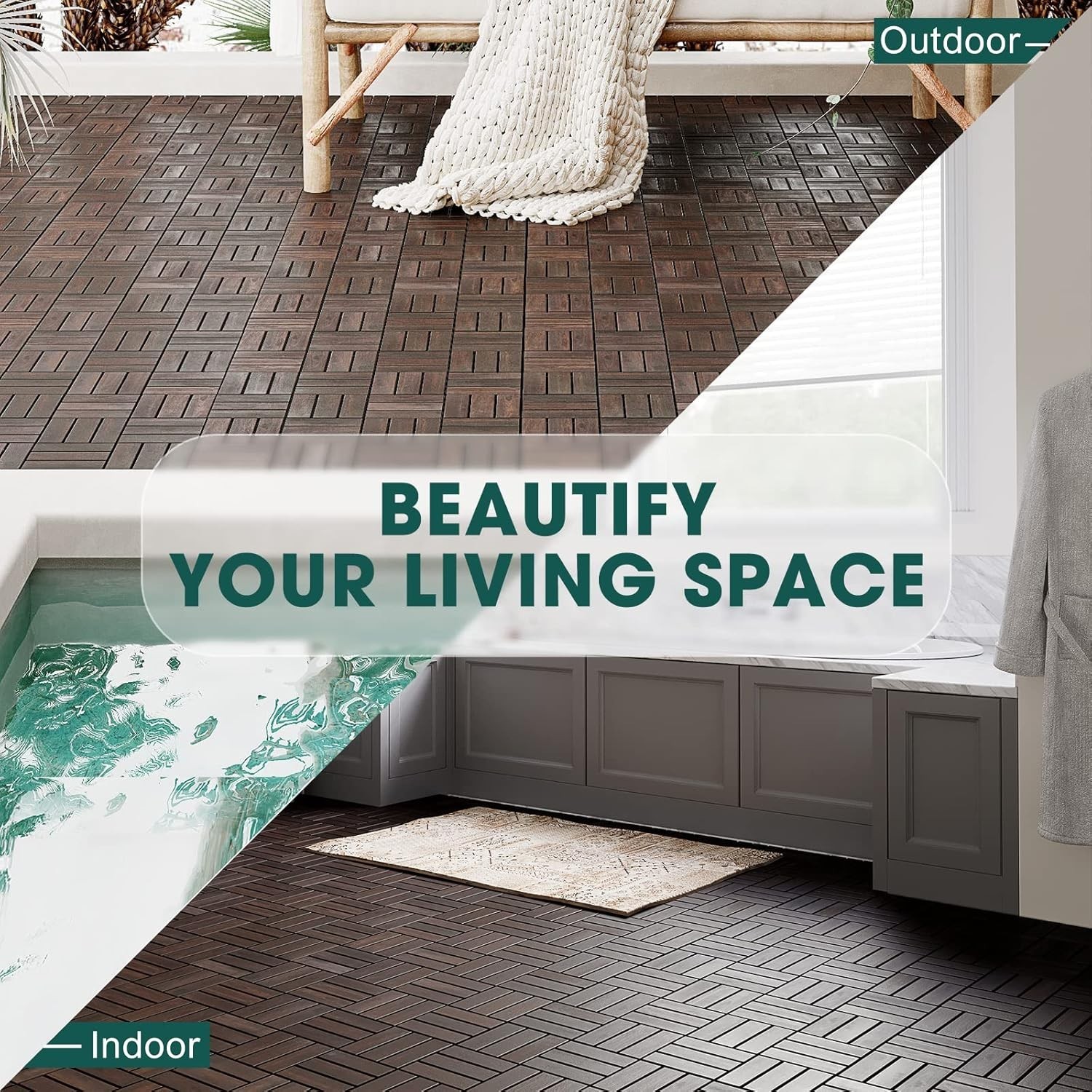 10PCS Idzo 12″x12″ Interlocking Deck Tile Indoor/Outdoor, Waterproof Acacia Wood