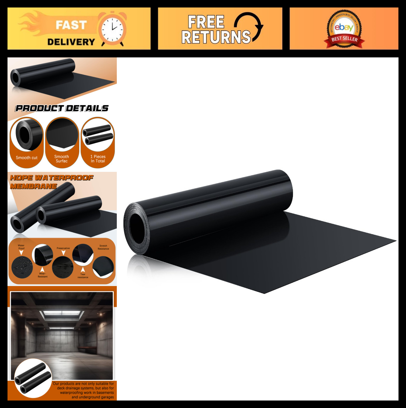 16ft x 20in Black Under Deck Drainage System Waterproof Membrane Trough Outdoor