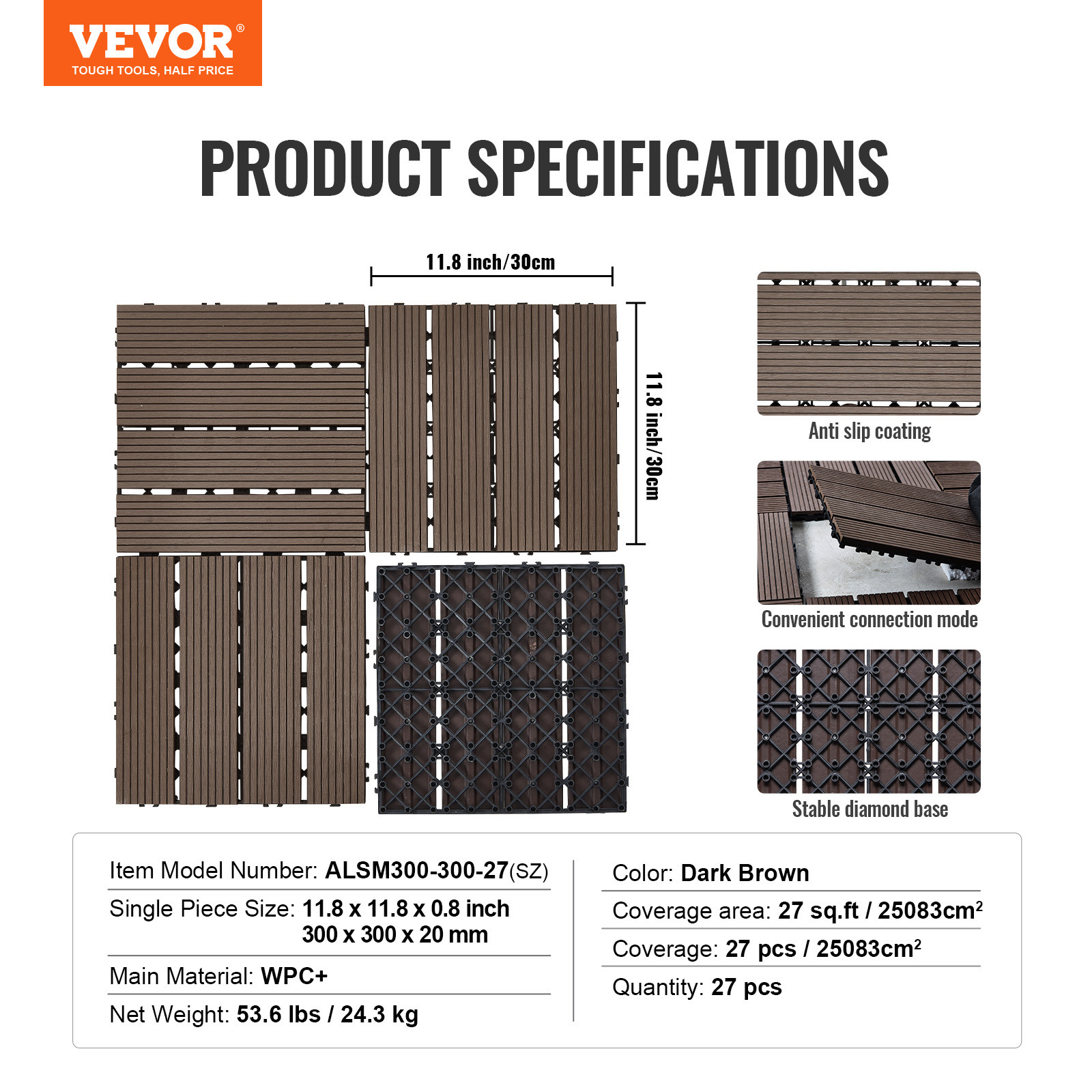 VEVOR 27pcs Deck Patio Tile Interlocking Plastic Wood Flooring Pavers 12”x12”