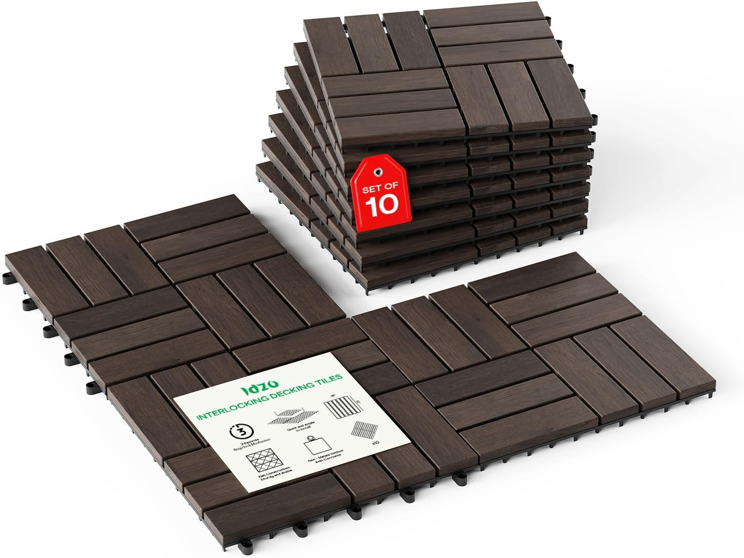 Interlocking Deck Tiles – 10PCS Waterproof Acacia Wood Patio Tiles, Flooring Til