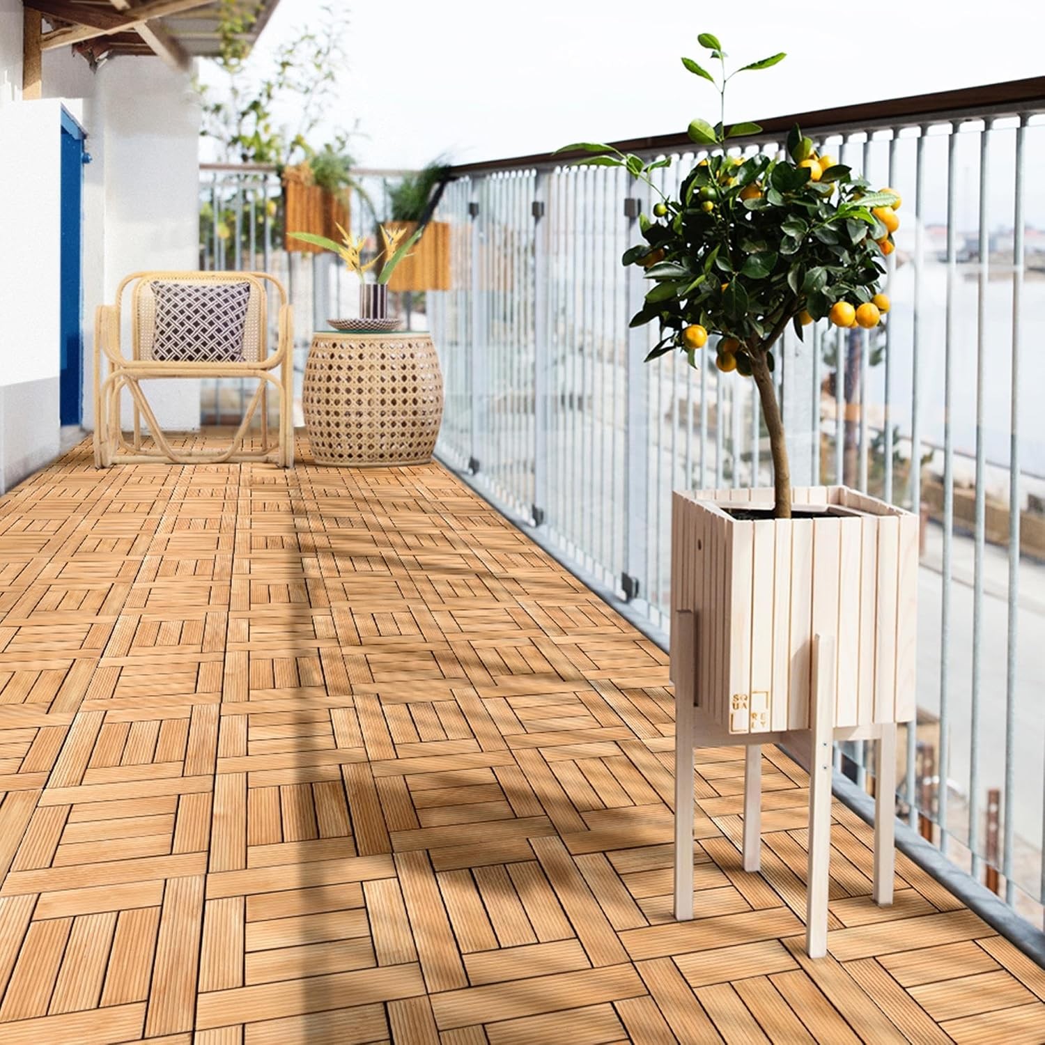 27PCS Natural Wood Deck Tiles Interlocking Patio Deck Tiles Solid Wood & Plastic
