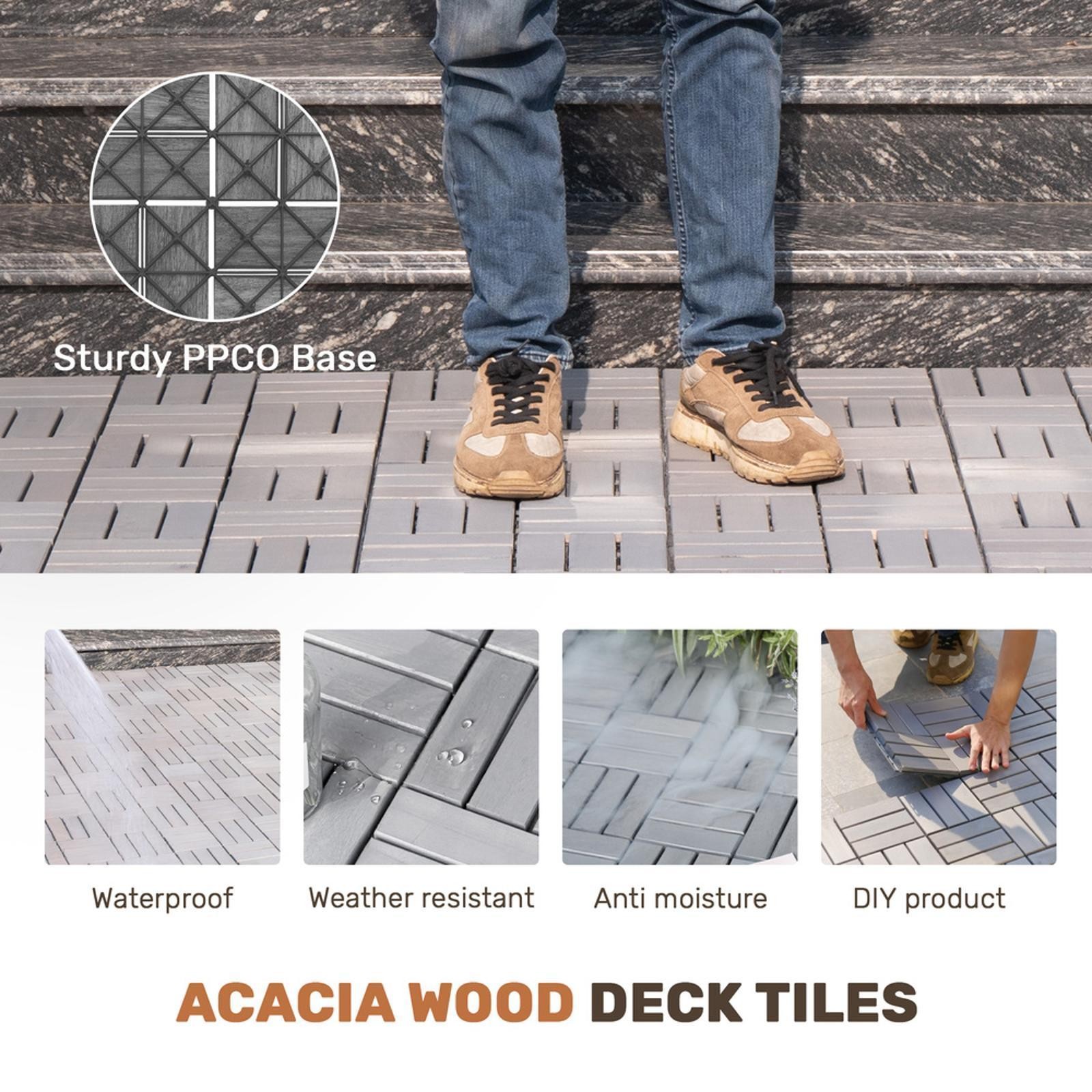 30 PCS Interlocking Deck Tiles Checker Pattern, 12″ x 12″ Square Light Gray