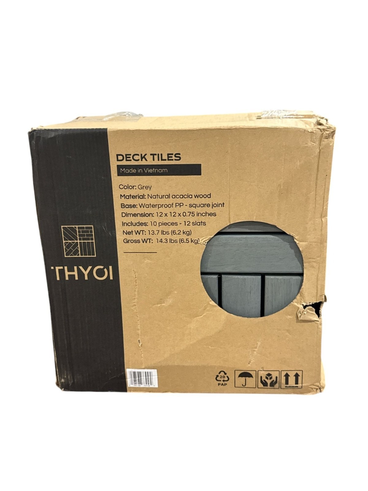 Thyoi Deck Tiles 12″x12″ Natural Acacia Wood Waterproof PP Base Grey 10 Pieces S