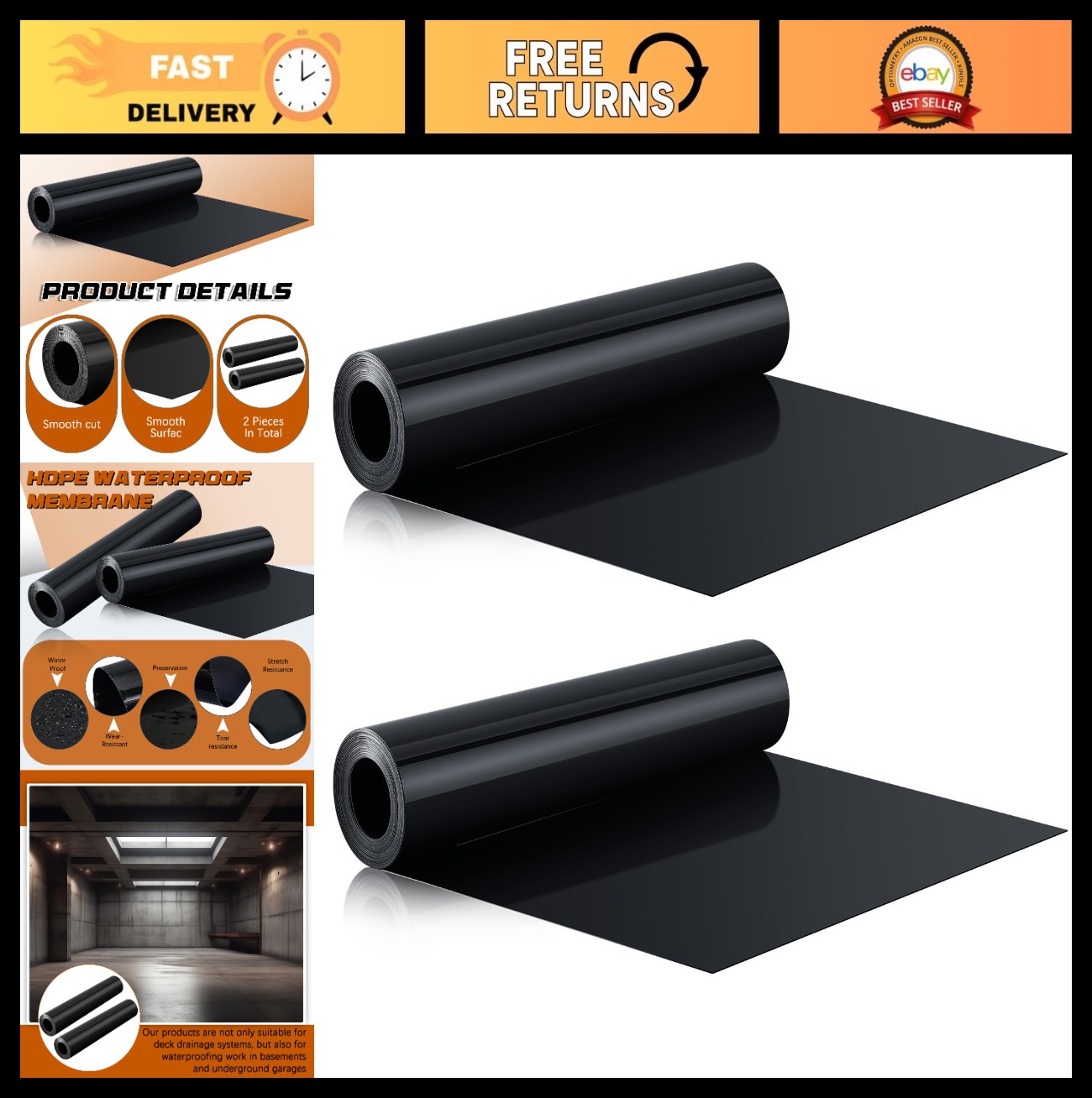 2 Pcs 12ft x 19.69in Black Under Deck Drainage System Waterproof Membrane Trough
