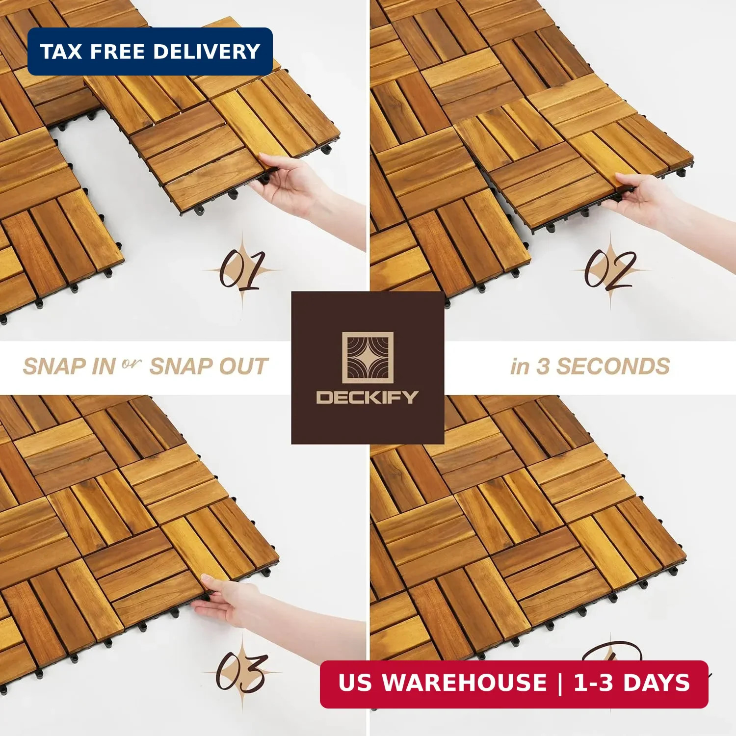 Acacia Wood Interlocking Patio Deck Tiles, 12 x 12 x 0.9 Inch Outdoor Flooring,