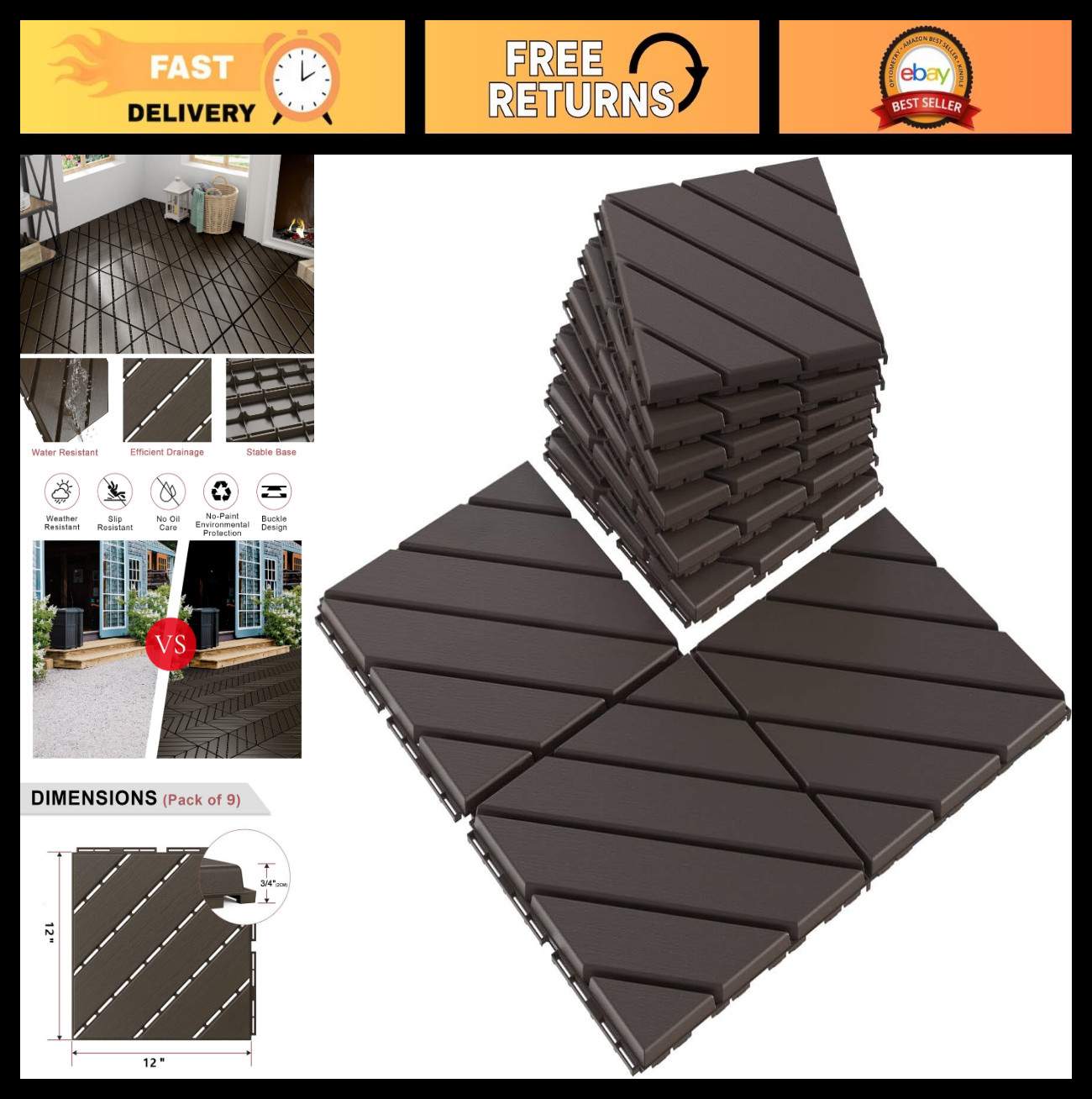 9 Pack Interlocking Deck Tiles 12″x12″ Heavy Duty Outdoor Flooring, Waterproof N