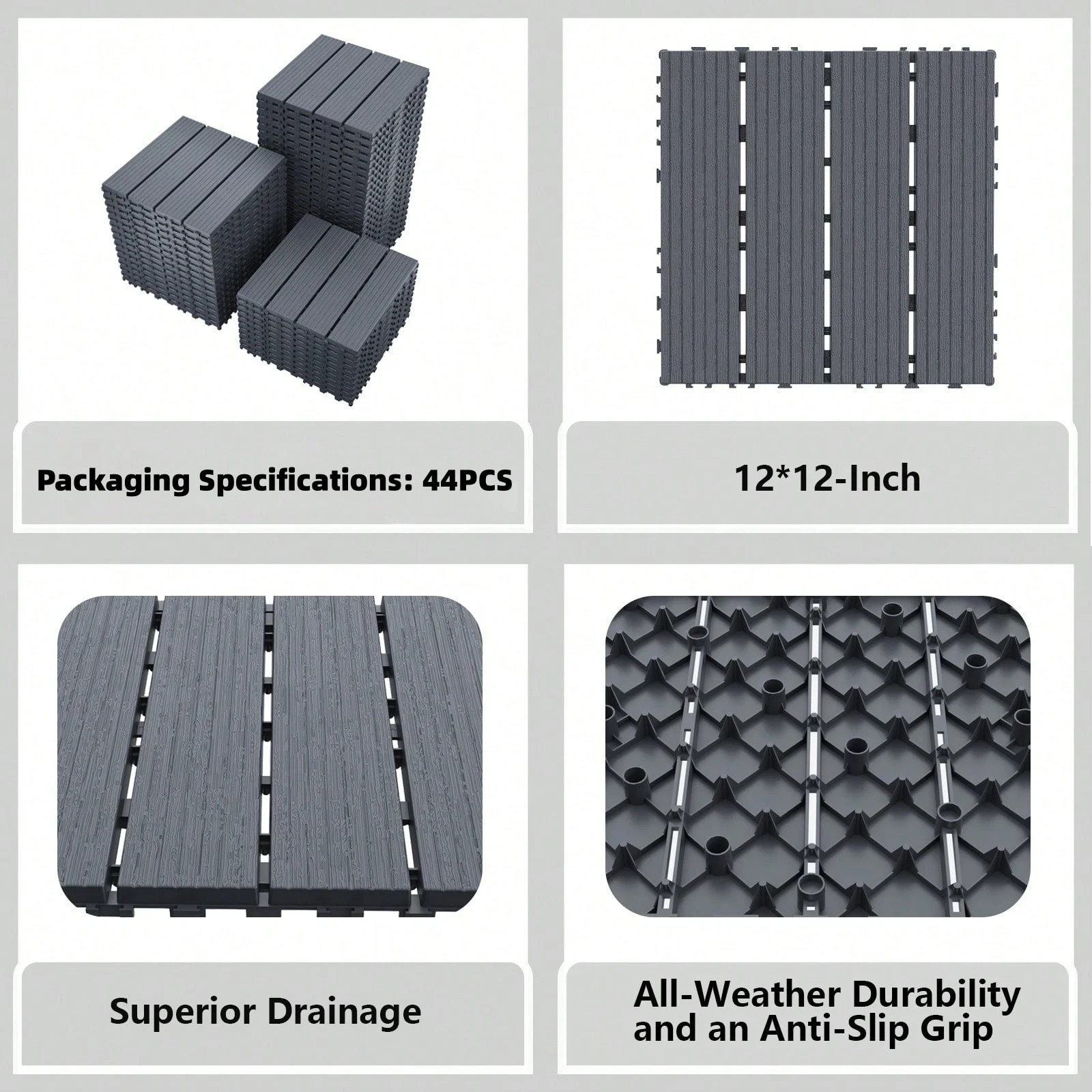 44 Pcs Plastic Interlocking Deck Tiles 12×12 Waterproof Outdoor Patio Floor New