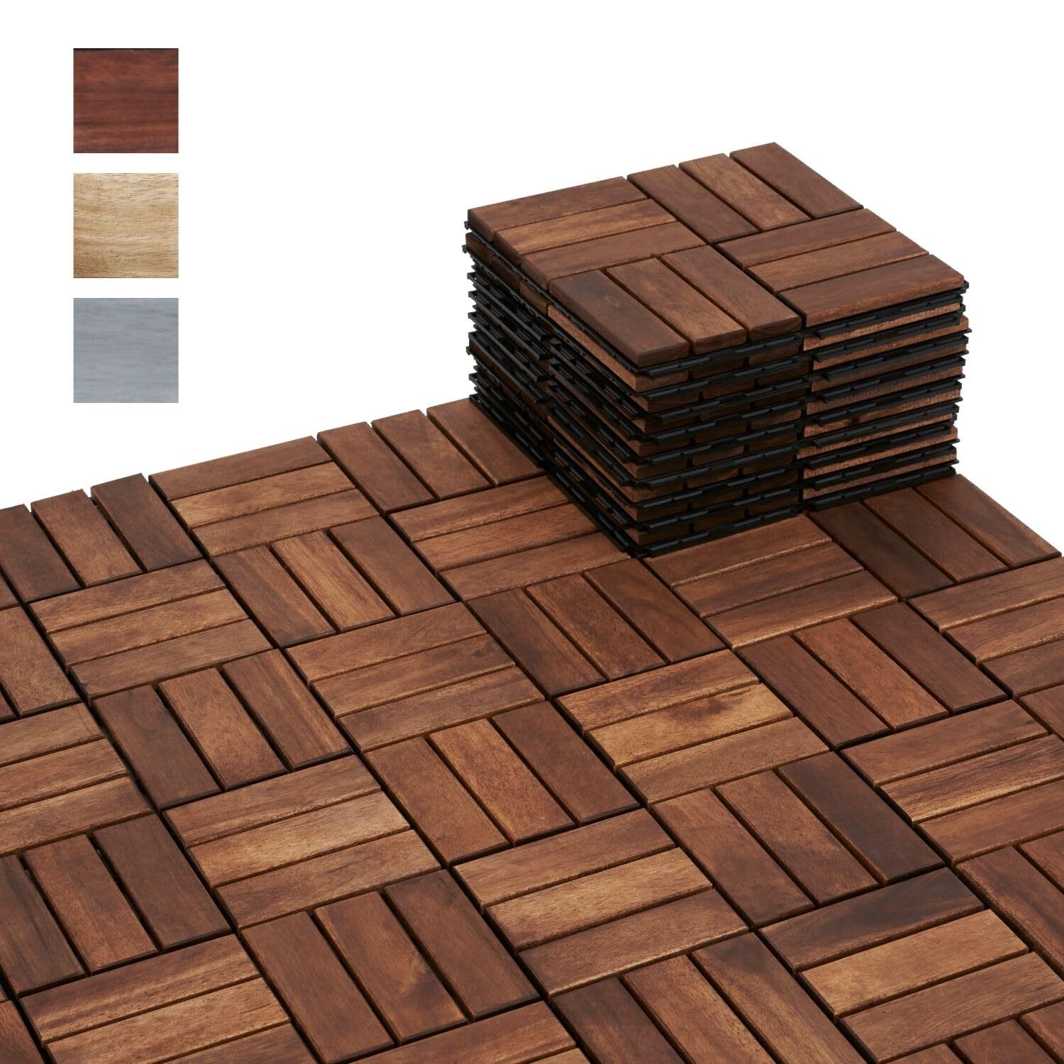 BEEFURNI Acacia Interlocking Deck Tiles (12″x 12″ Pack of 10), Acacia Wood Deck