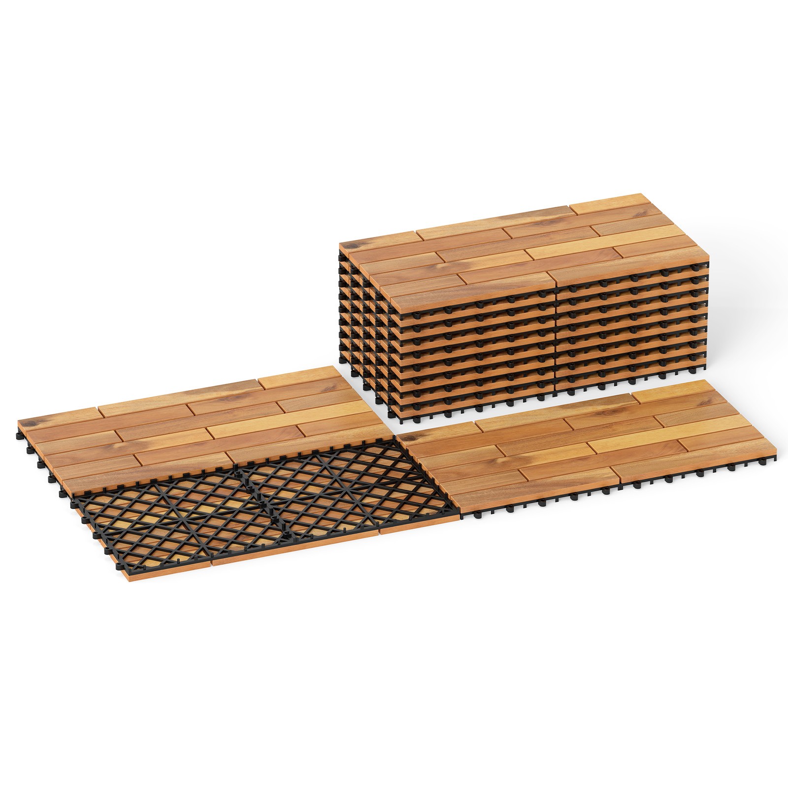 24″ x 12″ Acacia Wood Interlocking Deck Tiles 12 PCS Waterproof Flooring Tiles