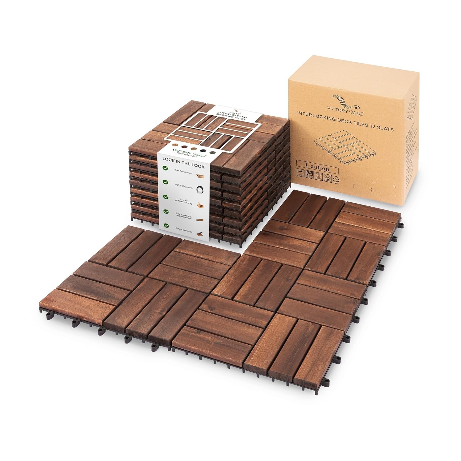Acacia Wood Deck Tiles 12×12 Brown Natural Outdoor Wooden Decking Tiles for