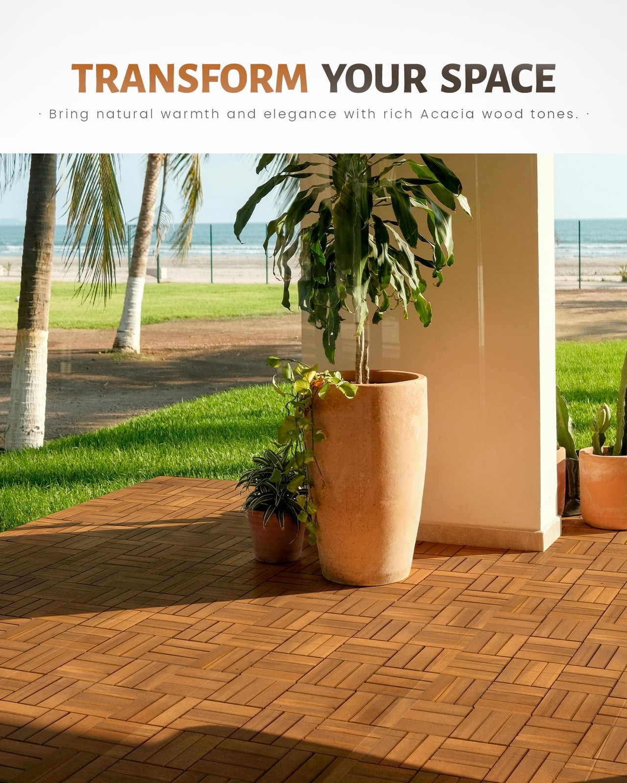 9 PCS Interlocking Deck Tiles 12″ x 12″, 12 Slats Outdoor Flooring Acacia Woo…
