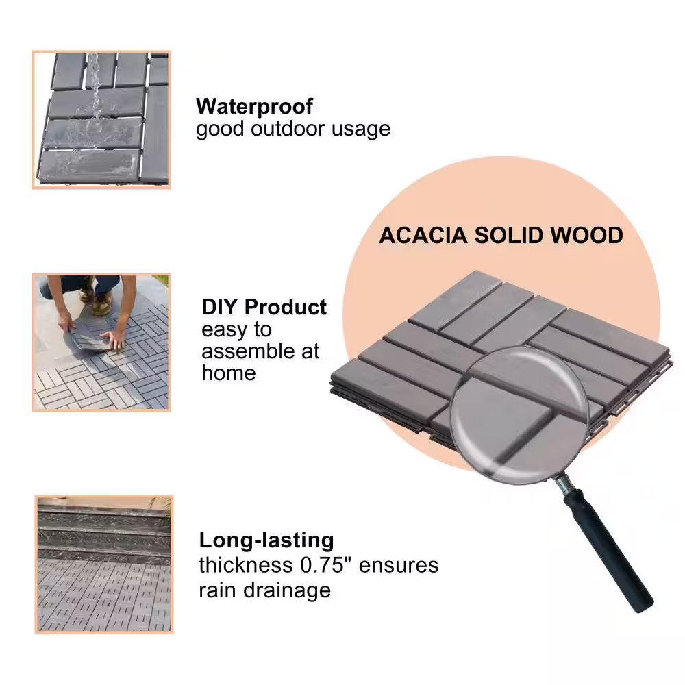 30-Pack 12 In. X 12 In. Square Outdoor Light Grey Acacia Wood Interlocking Deck
