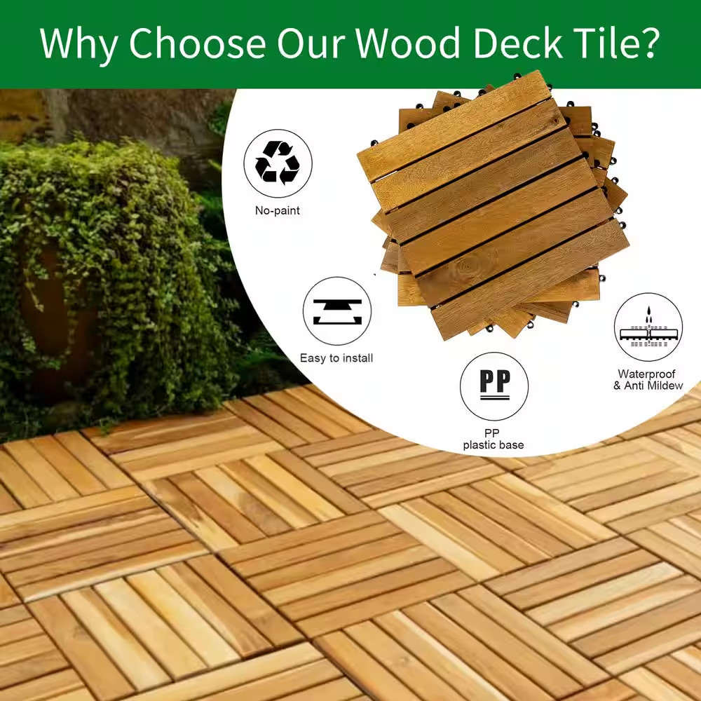 12 In. X 12 In. Acacia Wood Interlocking Flooring Deck Tile Brown 6-Slats, 10-Pa