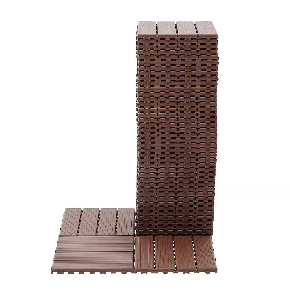 Dark Brown 1 Ft. X 1 Ft. All-Weather Plastic Outdoor Interlocking Deck Tiles Str