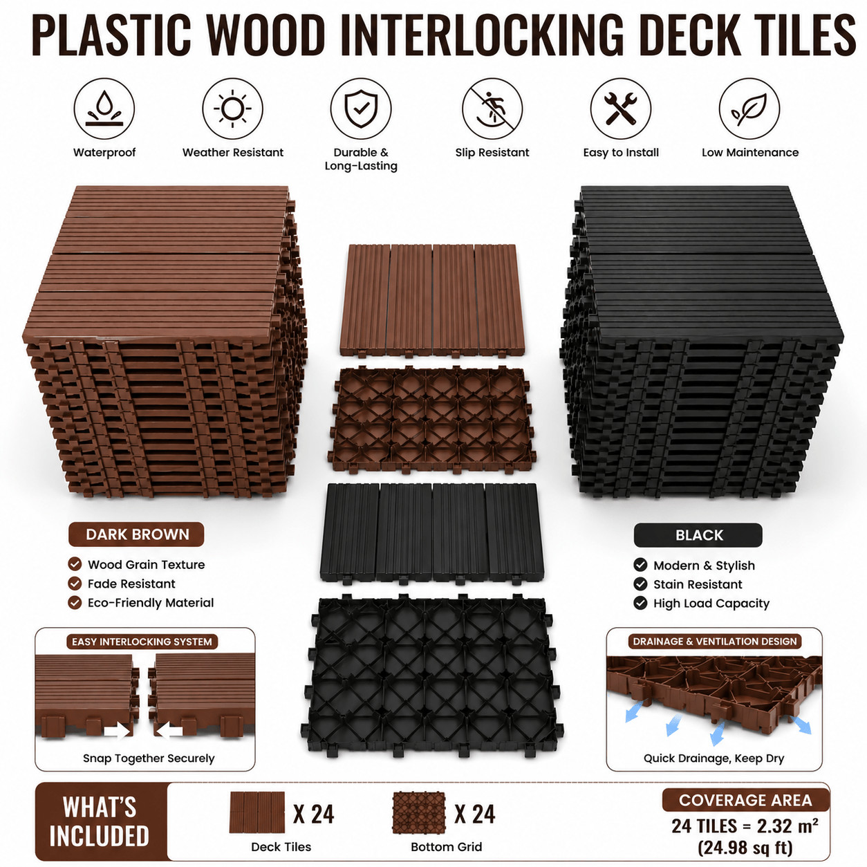24-Pack Outdoor WPC Composite Deck Tiles, 11.81 Inches