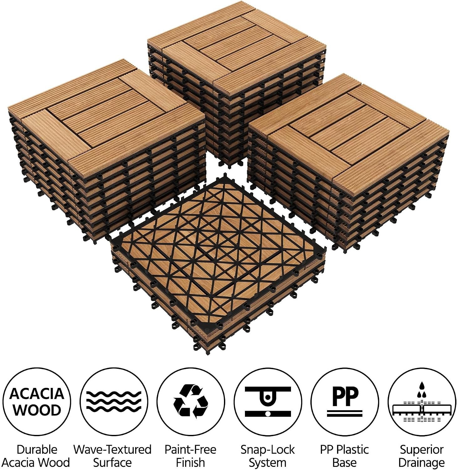 27PCS Natural Wood Deck Tiles Interlocking Patio Deck Tiles Solid Wood & Plastic