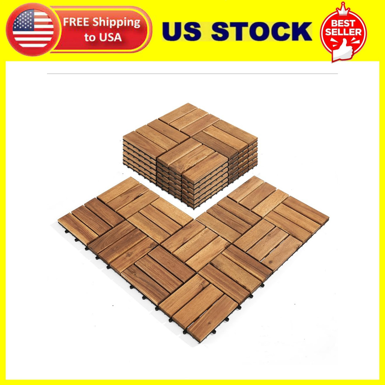 Premium Acacia Wood Interlocking Deck Tiles – Set of 9 pcs, 12″x12″, Waterproof