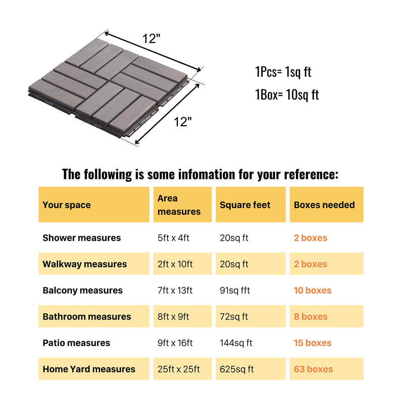 12″x12” Interlocking Deck Tiles Checker Pattern Acacia Wood Outdoor Flooring