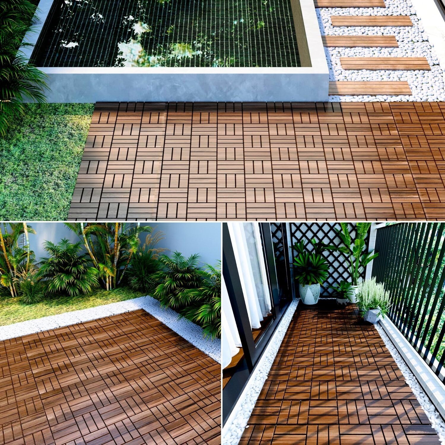 BEEFURNI Acacia Interlocking Deck Tiles (12″x 12″ Pack of 10), Acacia Wood Deck