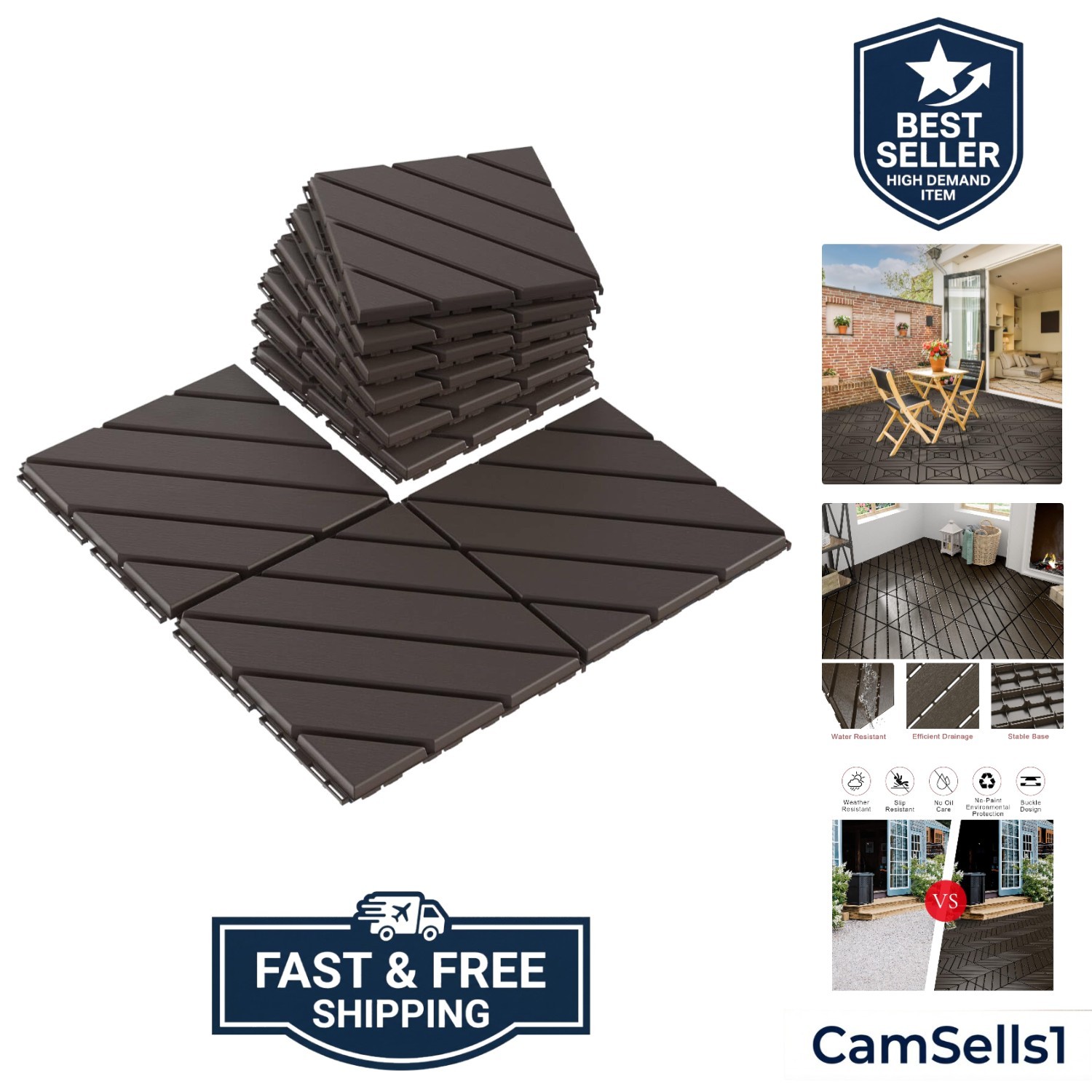 9 Pack Interlocking Deck Tiles, 12″x12″ Patio Pavers, Heavy Duty Plastic Outd…