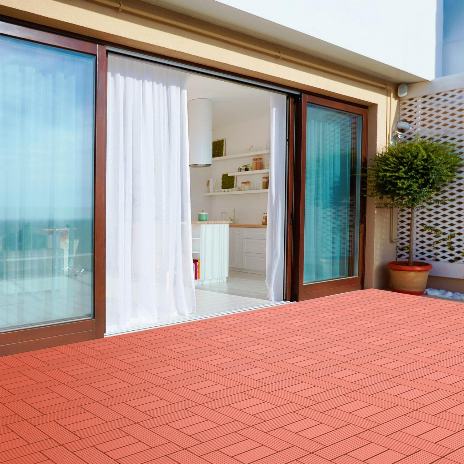 Patio And Deck Tiles- 6 Pcs, Interlocking Criss-Cross Pattern Weather And Slip