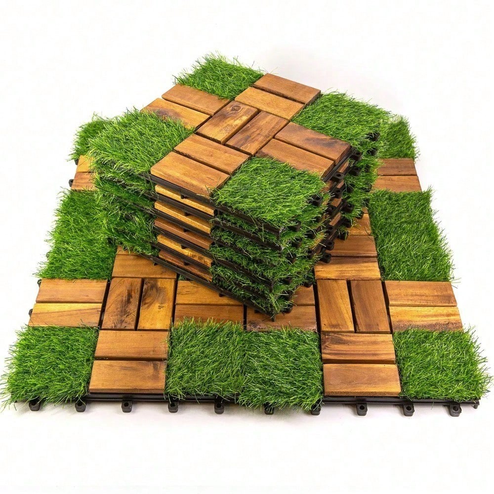 10 Pack Interlocking Deck Tiles Acacia Wood Artificial Grass Patio 12″x12″