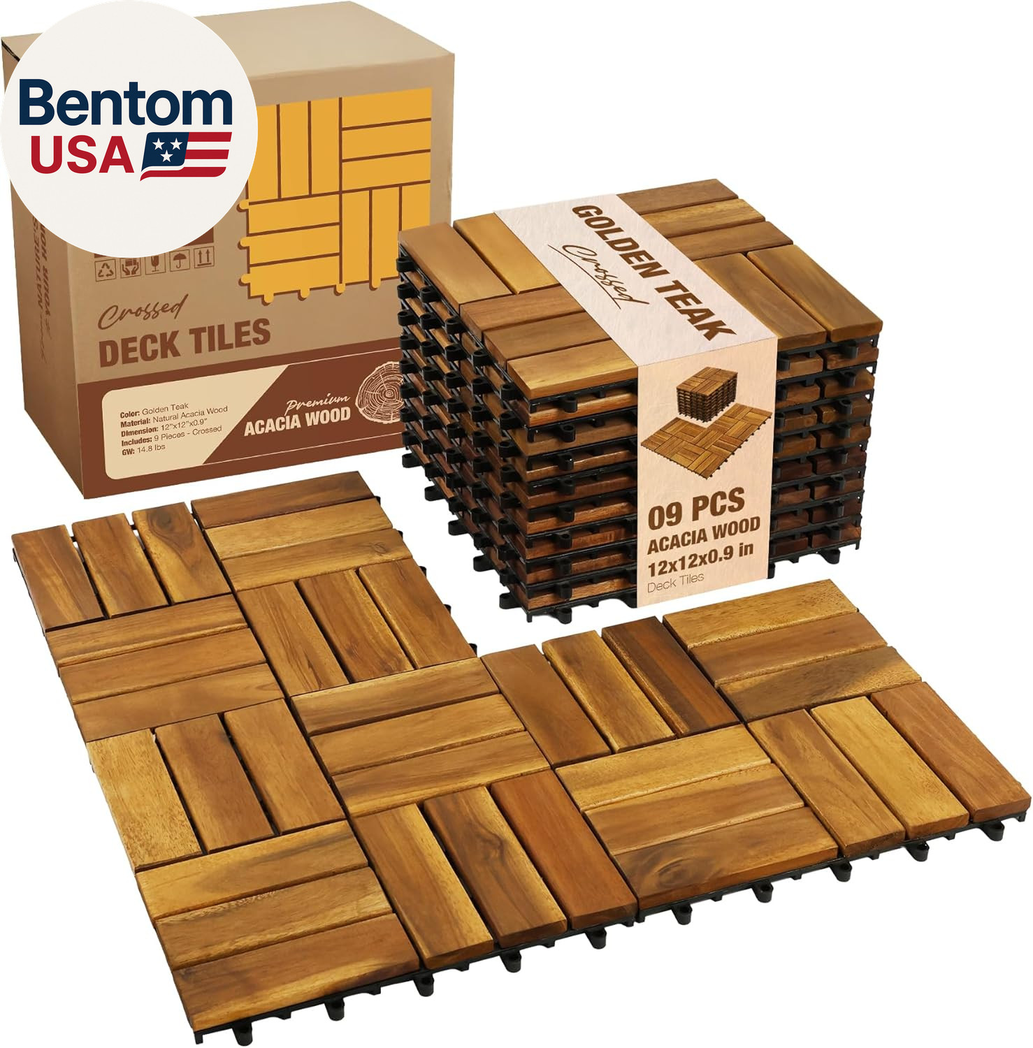 Premium Acacia Wood Interlocking Deck Tiles, 9 PCS 12″X12″X0.9″ Patio Flooring,