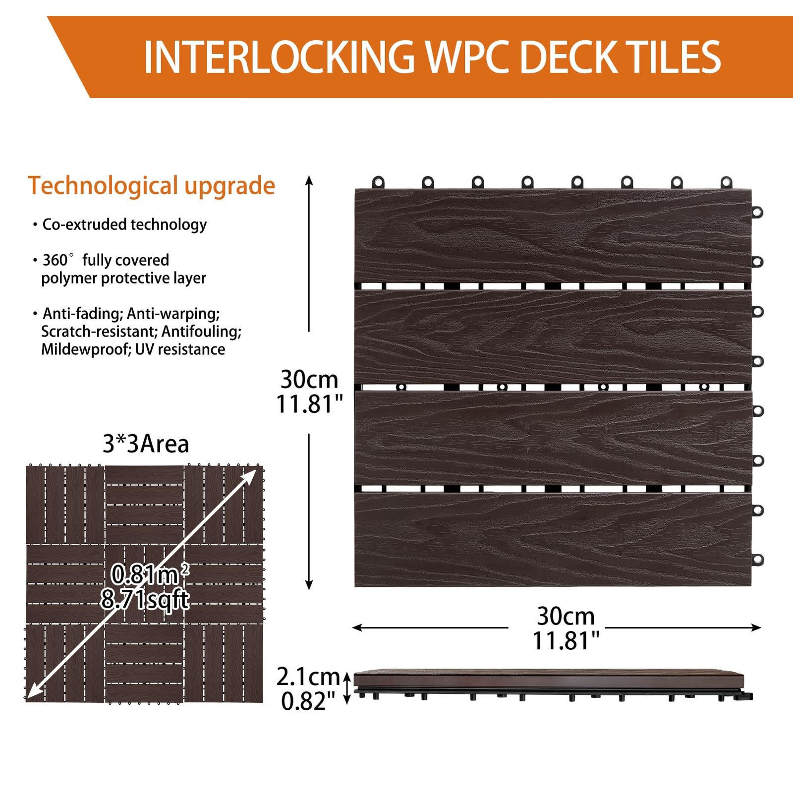 Polymer Interlocking Composite Deck Tiles Outdoor(9Pcs,Coffee)