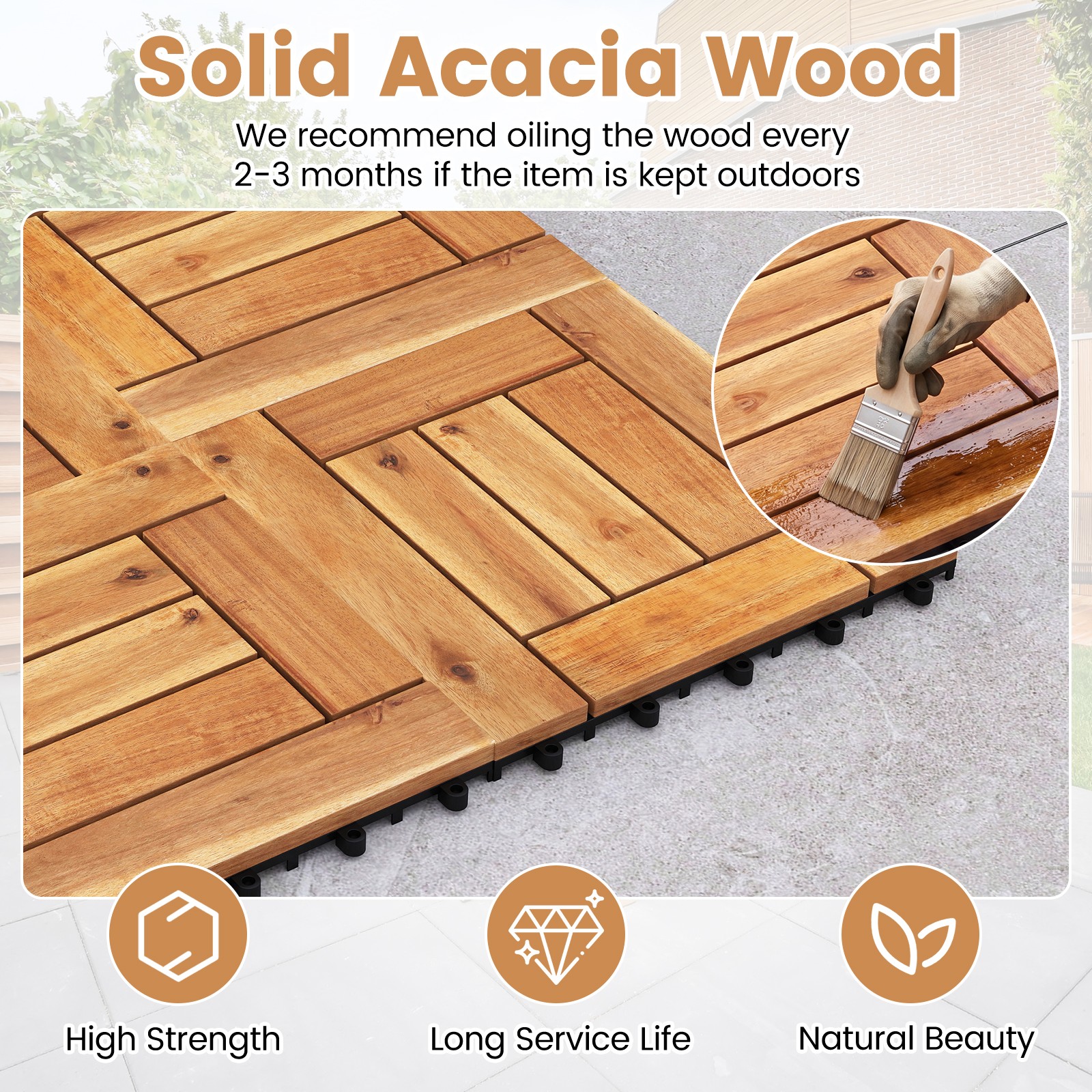 12″ x 12″ Acacia Wood Interlocking Deck Tiles,54 PCS Waterproof Flooring Tiles