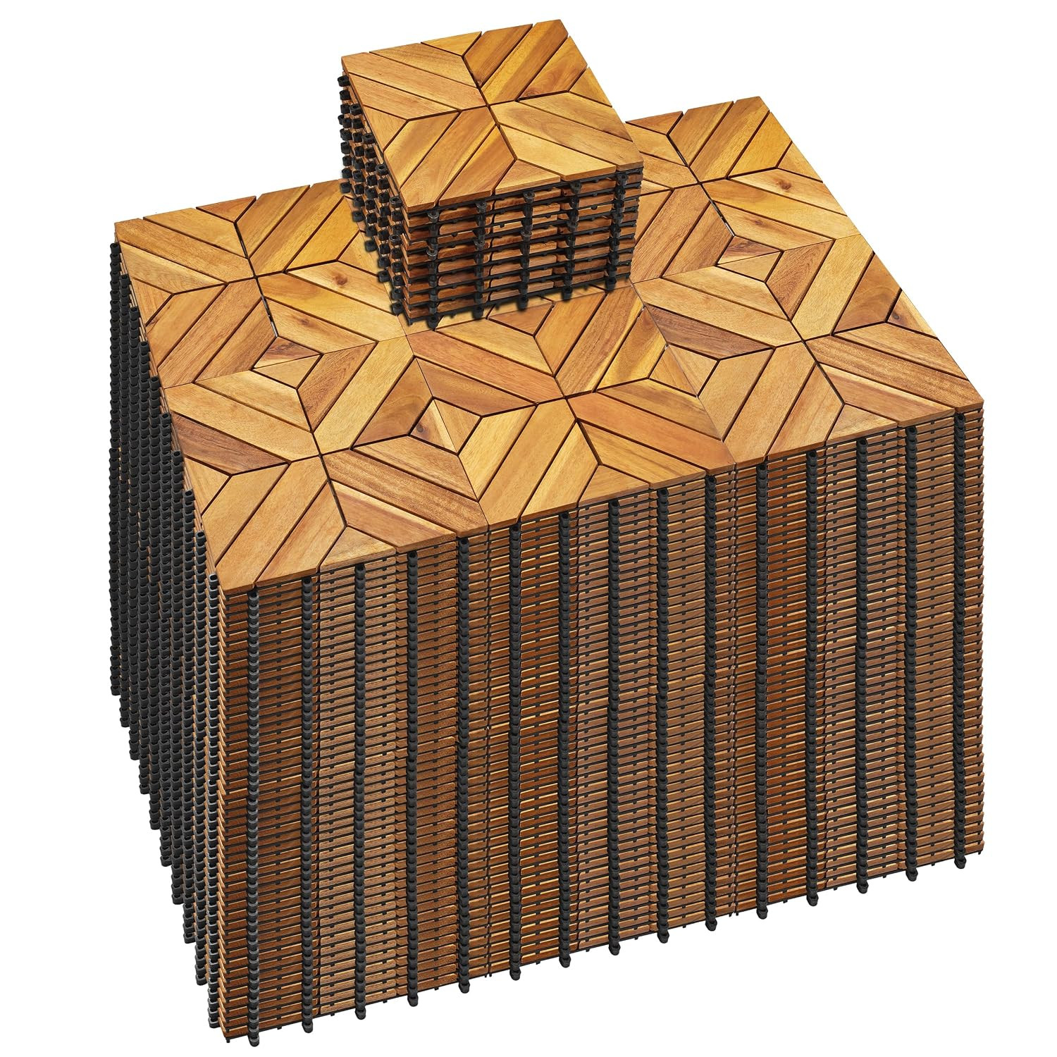 Primezone 54 PCS Solid Acacia Wood Interlocking Patio Deck Tiles – 12″ X 12″ Ind