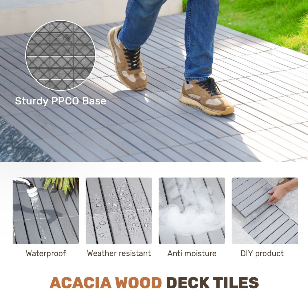 30 PCS Interlocking Deck Tiles Striped Pattern 12×12 Light Gray Acacia Hardwood