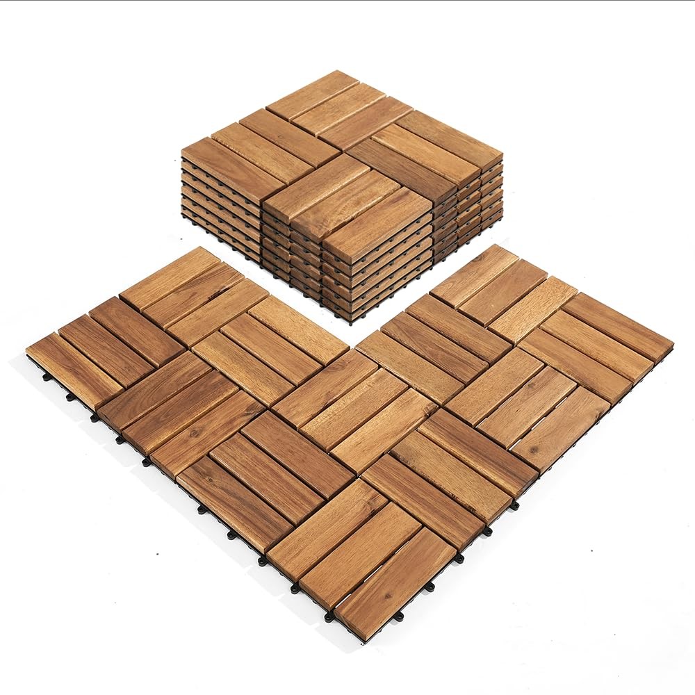 AN68 Premium Acacia Wood Interlocking Deck Tiles – Set of 9 pcs, 12″x12″, Wat…