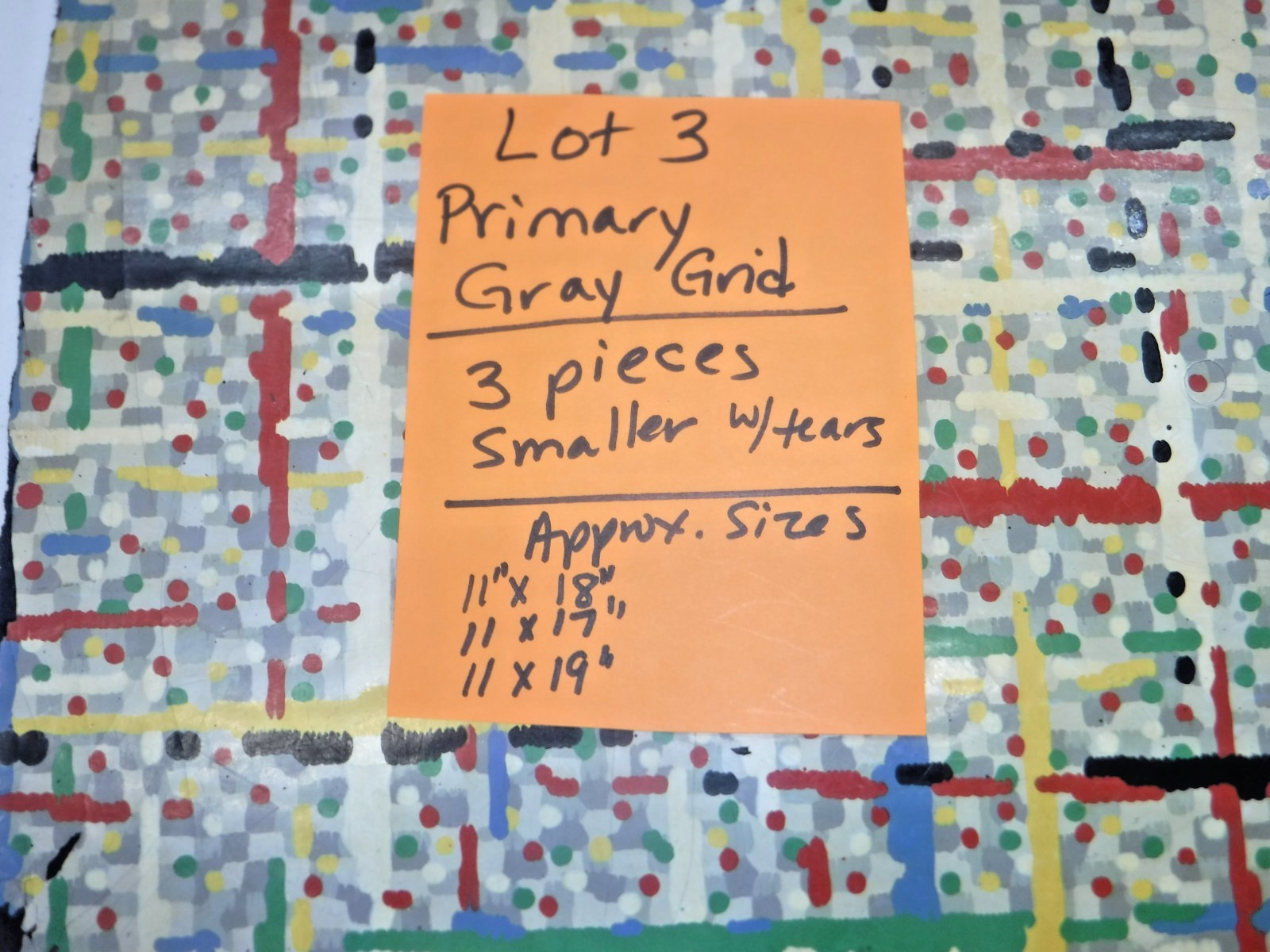 VTG~LINOLEUM FLOORING~MCM~GRAY GRID~PRIMARY~3 SCRAPS~UPCYCLE~ARTS & CRAFTS~LOT 3