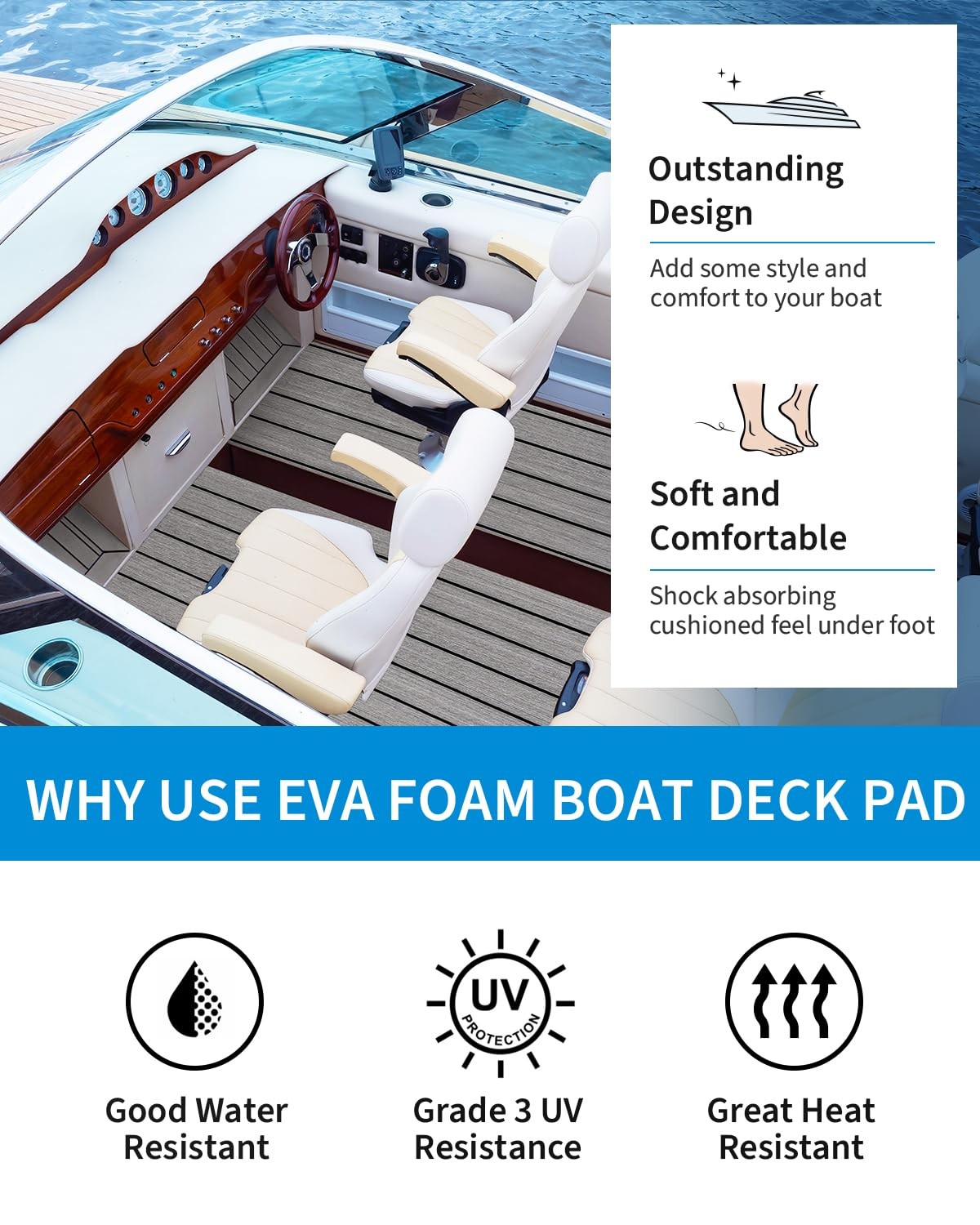Boat Flooring Self-Adhesive 48”x16.8” Gray with Black Lines
