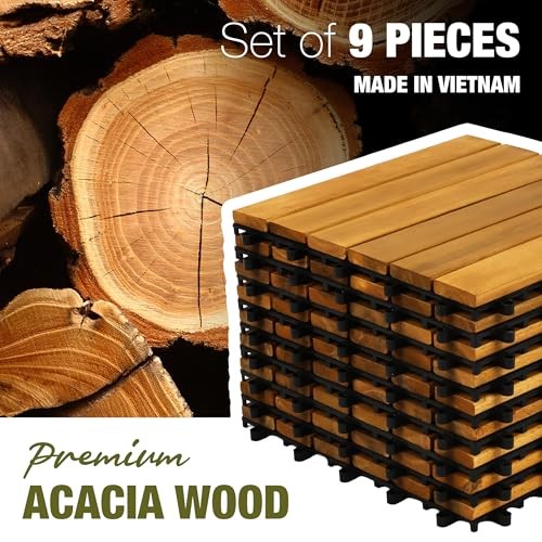Premium Acacia Wood Interlocking Deck Tiles, 9 PCS Golden Teak – Striped