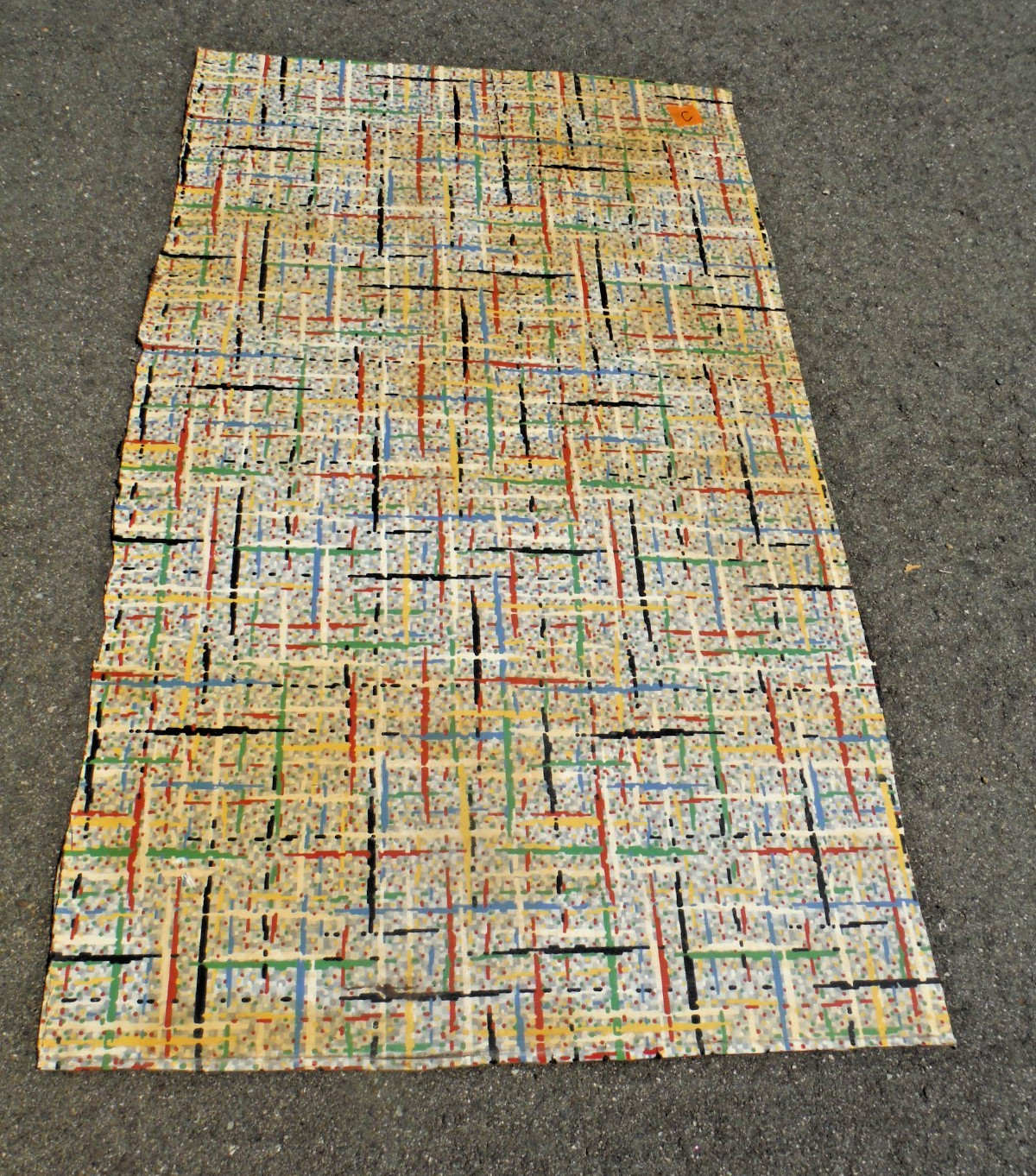VTG~LINOLEUM FLOORING~L PIECE~45″x 60″~1950-60~MOVIE SET~MCM~GRAY GRID~PRIMARY E
