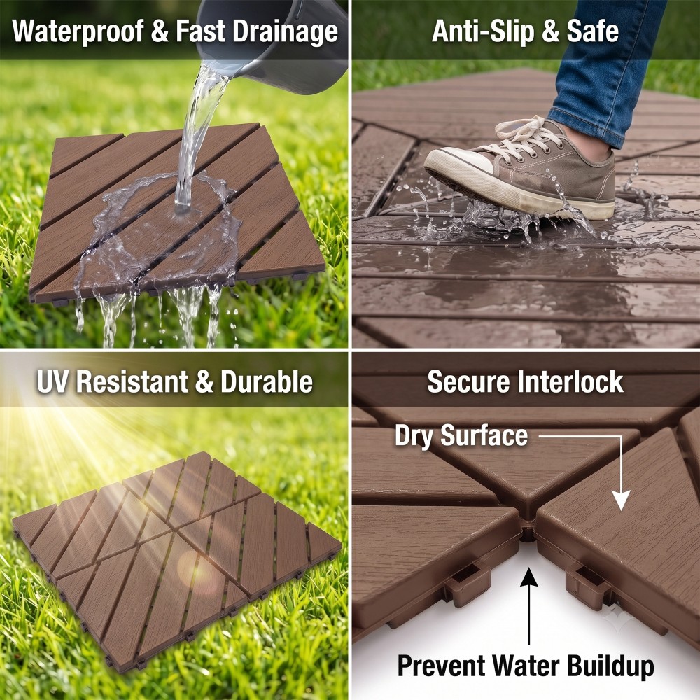 44x Plastic Interlocking Deck Tiles 12″x12″ Waterproof Non-Slip Patio Flooring