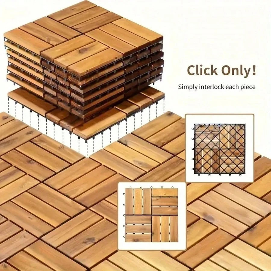 10 Pcs Solid Acacia Wood Interlocking Deck Tiles 12×12 Patio Floor All Weather