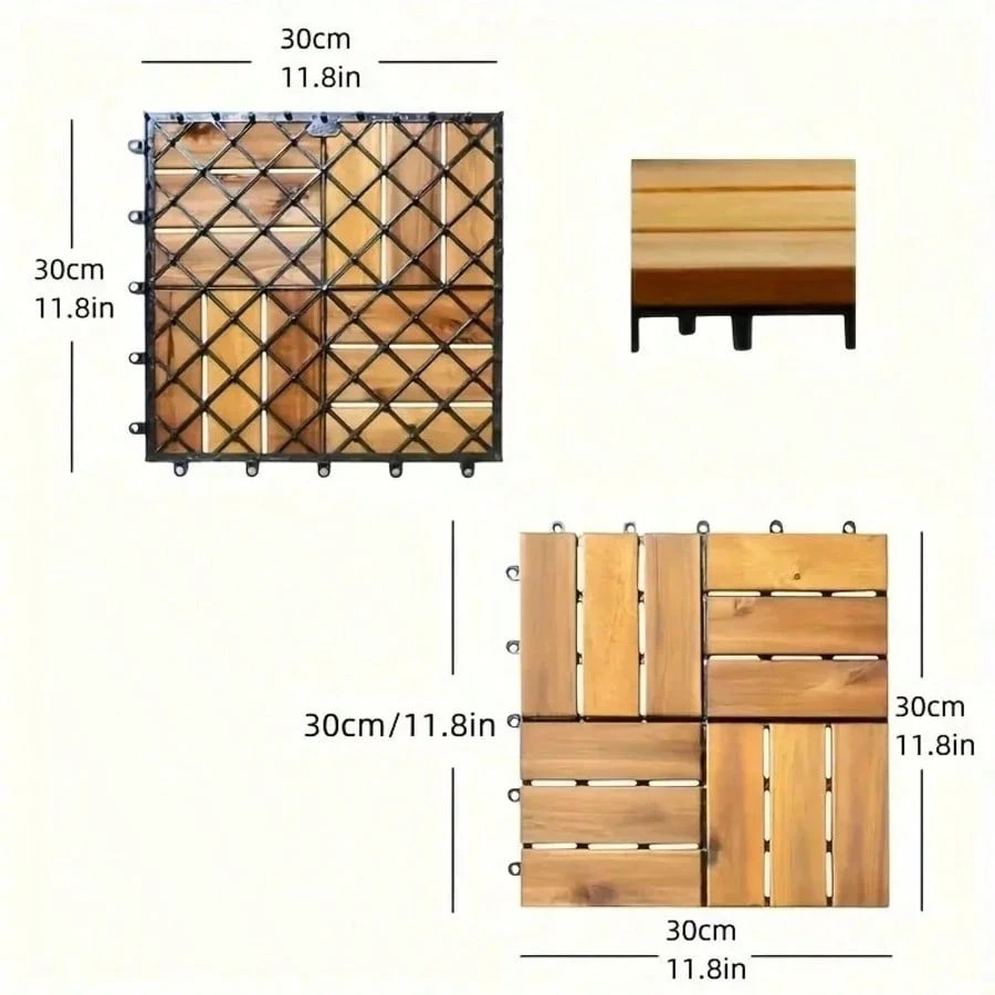 10 Pcs Solid Acacia Wood Interlocking Deck Tiles 12×12 Patio Floor All Weather