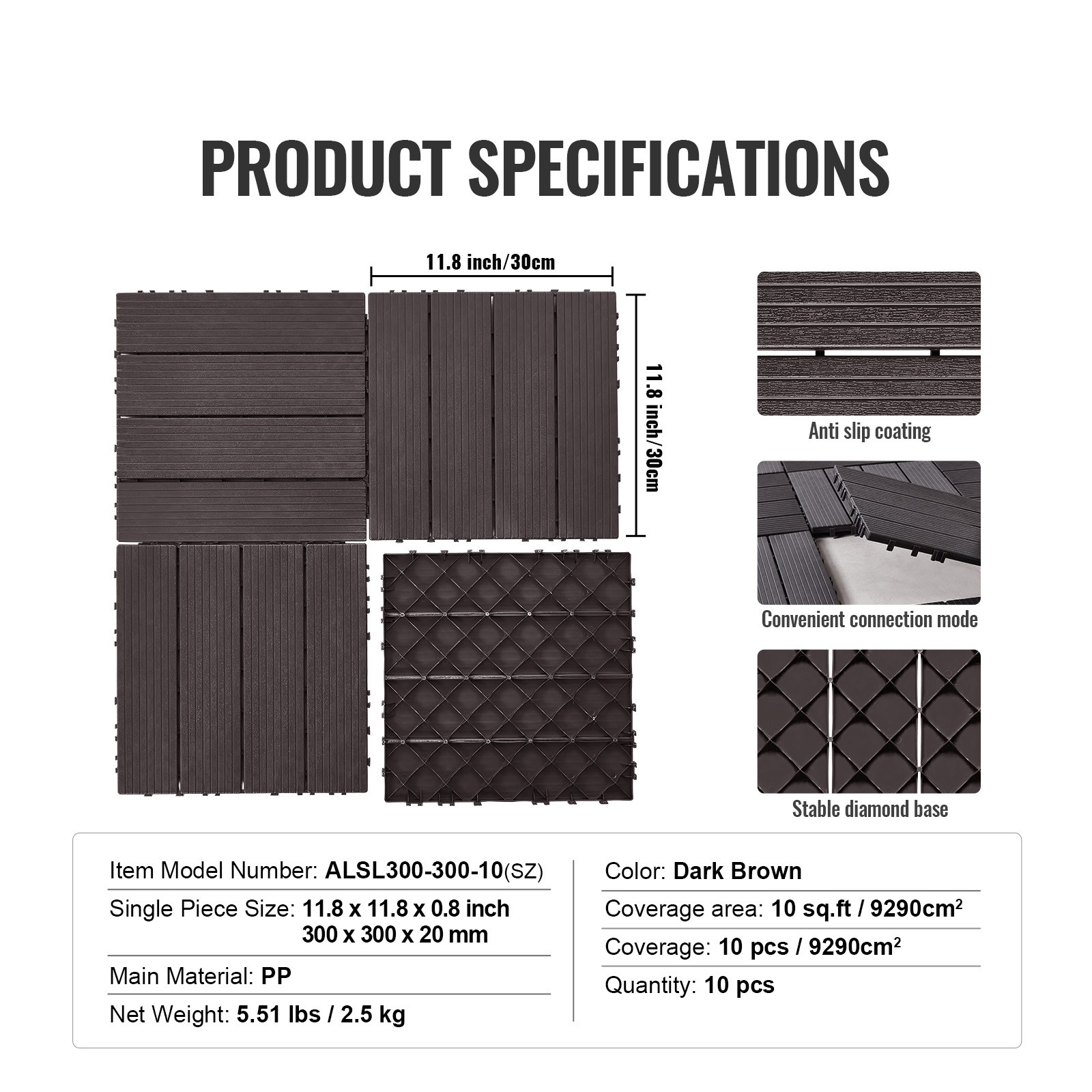 Interlocking Deck Tiles 10 Pack 12″x12″ Waterproof 10sq.ft Patio Dark Brown
