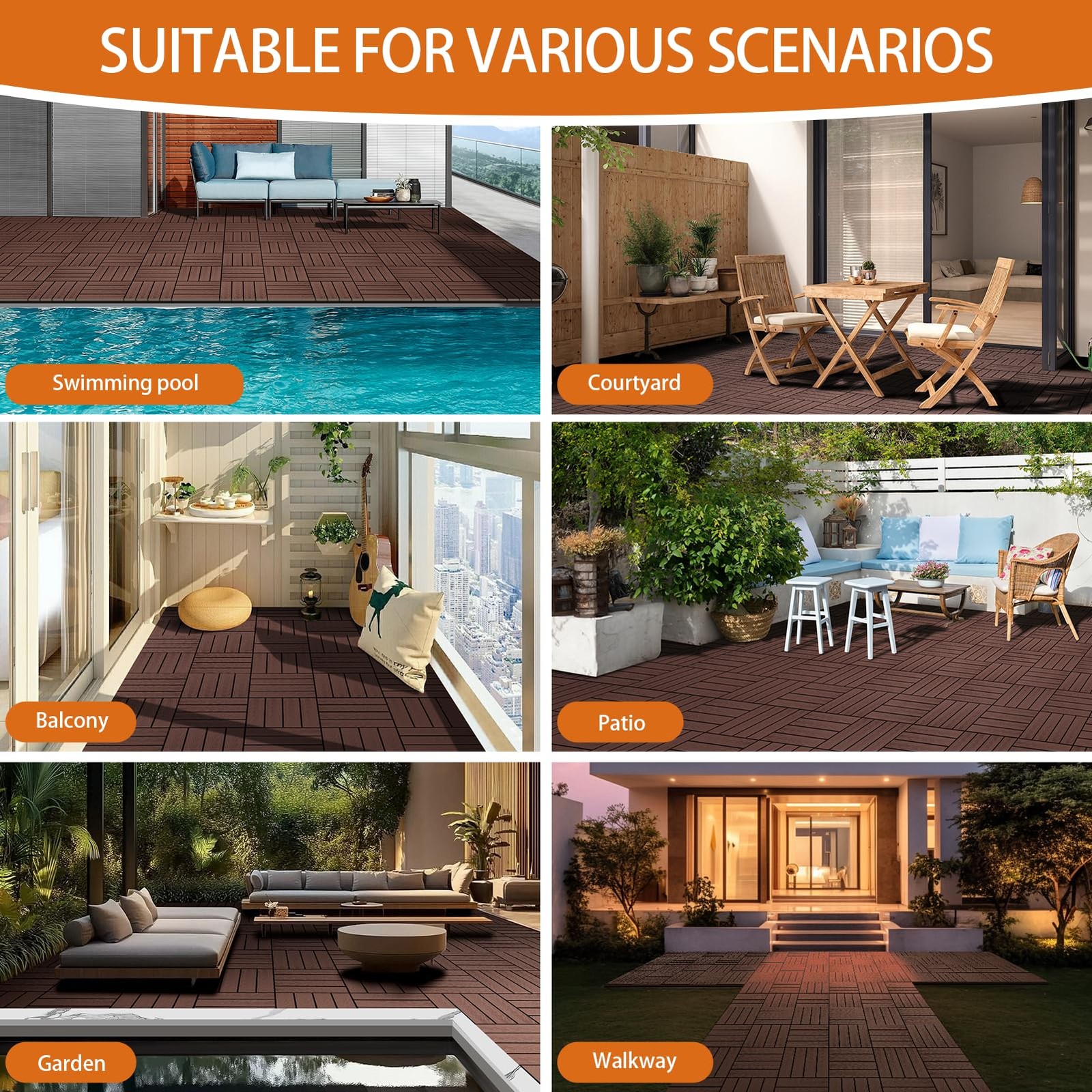 Polymer Interlocking Composite Deck Tiles Outdoor(9Pcs,Coffee)