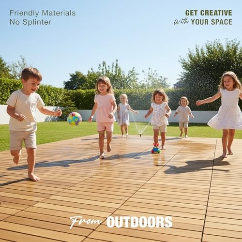 Premium Acacia Wood Interlocking Deck Tiles, 9 PCS Golden Teak – Striped