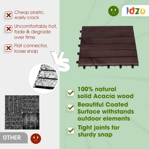 Idzo Interlocking Deck Tiles 9.6 SQFT 10PCS Waterproof Acacia Wood Tiles, Fl…
