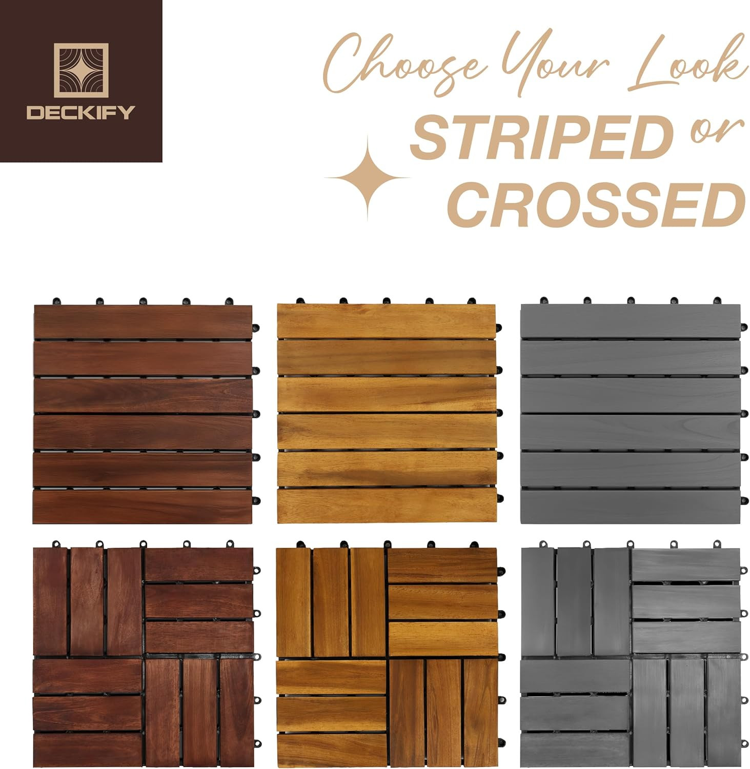 9-Piece Acacia Wood Interlocking Deck Tiles, Golden Teak Crossed | 12-Slat Cross