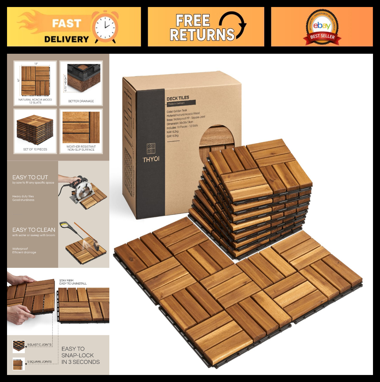 Interlocking Deck Tiles – 10 Pcs 12″x12″ Waterproof Acacia Wood for Patio, Balco