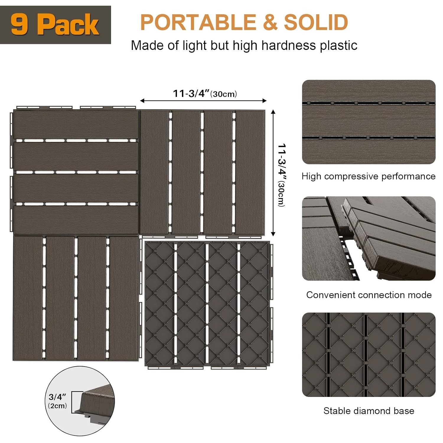 Durable Waterproof Interlocking Deck Tiles, 9 Pack, Perfect for All-Weather Use