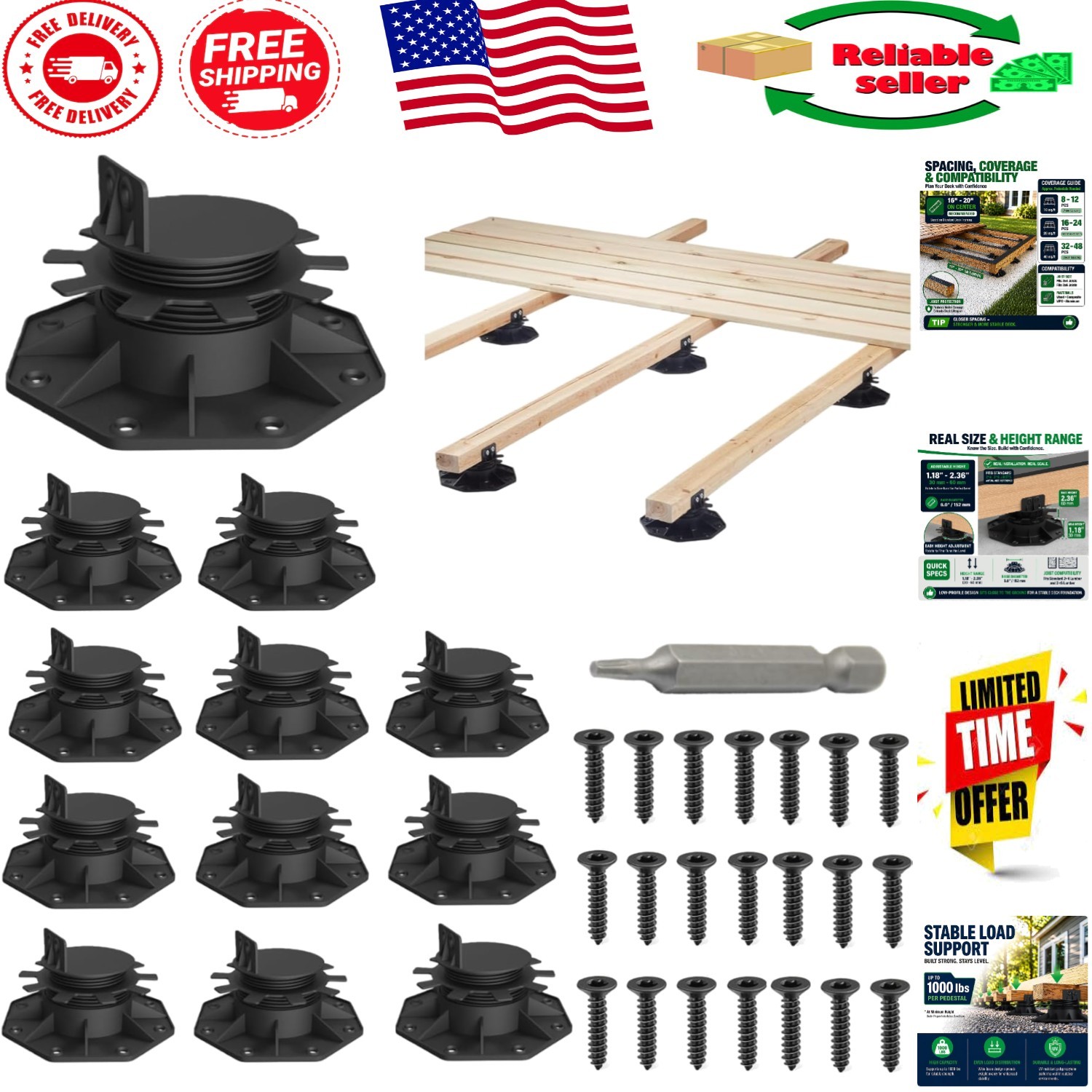 Complete Decking Solution – 12 Adjustable Pedestals with Screws & Tools Included