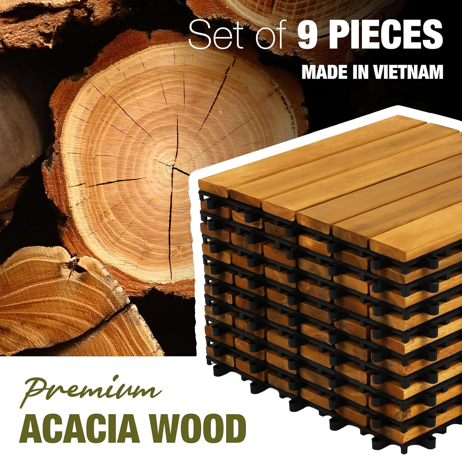 Premium Acacia Wood Interlocking Deck Tiles, 9 PCS 12″X12″X0.9″ Floor Tiles, Wat