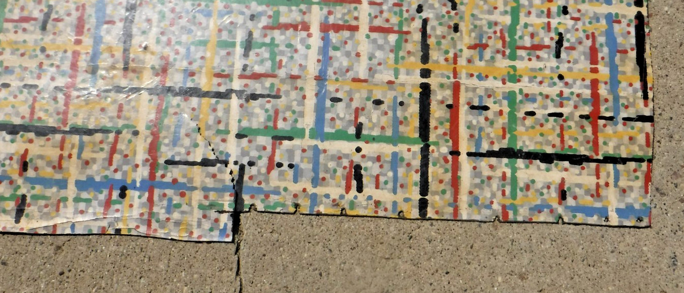 VTG~LINOLEUM FLOORING~L PIECE~45″x 60″~1950-60~MOVIE SET~MCM~GRAY GRID~PRIMARY E