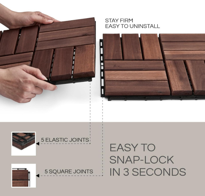 10 Pcs Deck Tiles, Outdoor Waterproof Acacia Wood, Dark Brown, 10 Sq Ft